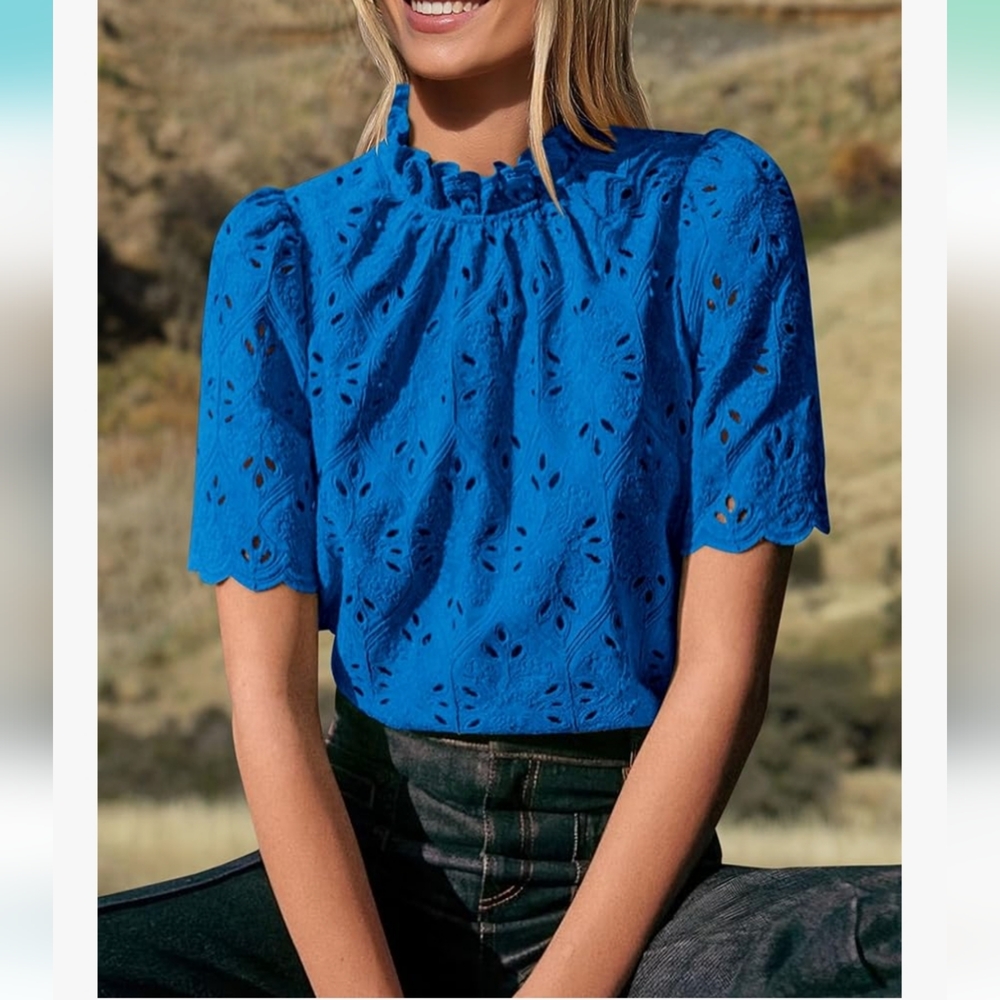 Vibrant Blue Women's Eyelet Blouse - Picture 3 of 3